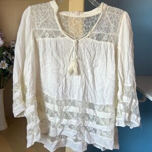 Y2K Ivory Floral Lace Sheer Peasant Blouse‎ Small Romantic Boho Fairy Festival
